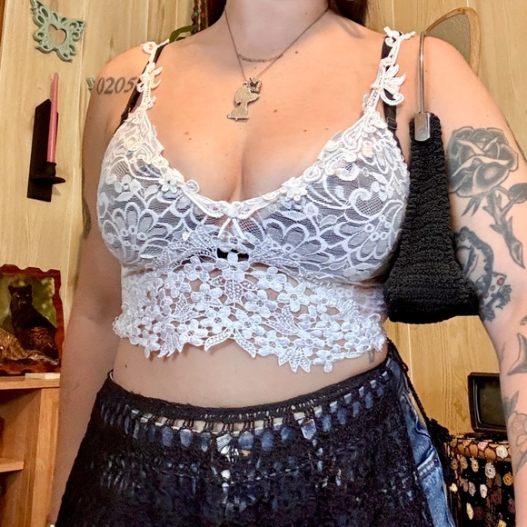 Vintage Small Sheer White Lace Stretch Crop Tank 80s 90s - Picture 1 of 7